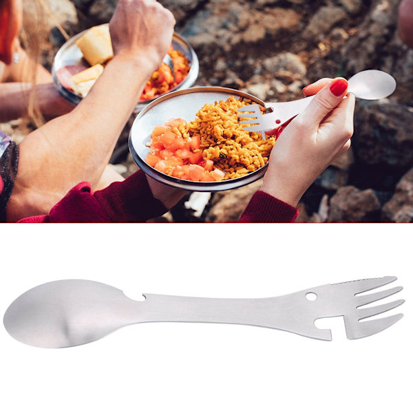 Bärbar Multifunktionell Utomhusspork, Premium Rostfritt Stål 5 i 1 Redskap med Sågtandad Skärare, Kompakt Design för Camping Picknick Vandring,