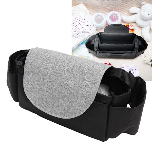 Baby Joggevogn Multi Lomme Oppbevaringspose Justerbar Spenne Håndvogn Hengepose Multi Lomme Baby Joggevognpose Svart Grå