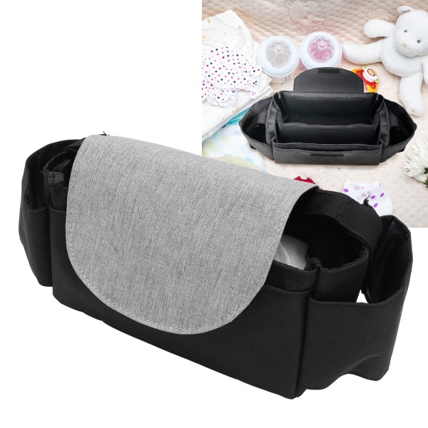 Baby Stroller Multi Pocket Opbevaringspose Justerbar Spænde Håndvogn Hængende Taske Multi Pocket Baby Stroller Taske Sort Grå