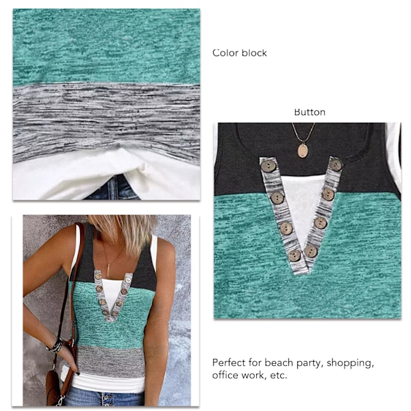 Dam Fejk Tvådelad Tank Top Sommar Vardaglig Elegant Färgblock Knapp Ärmlös Skjorta för Kontorsarbete Cyan M