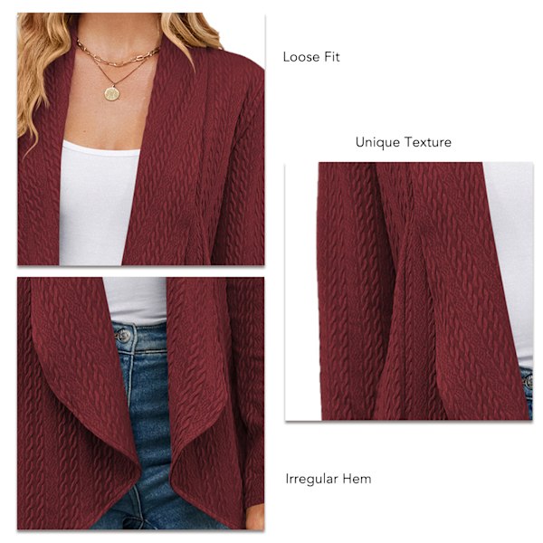 Öppen Fram Outwear Långärmad Lös Passform Enfärgad Casual Dam Stickad Kappa för Dagligt Arbete Resor Vinröd XL