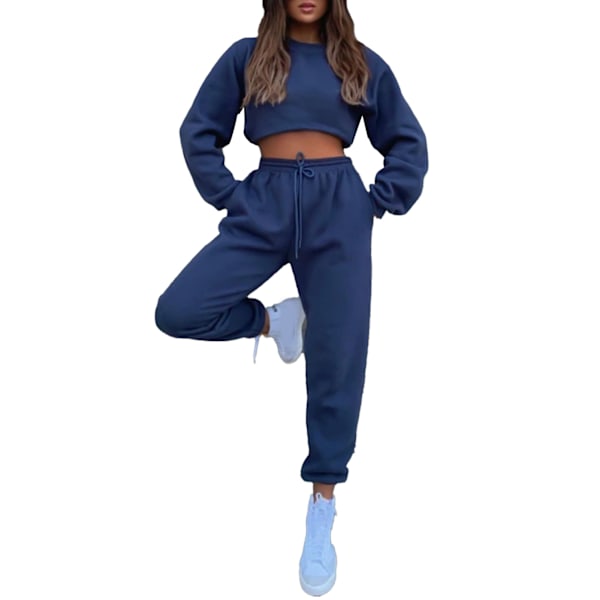 Dam Sweatshirt Set Enfärgad Långärmad Rundhals Dragsko Elastisk Midja Byxor Outfit med Fickor Blå XXL