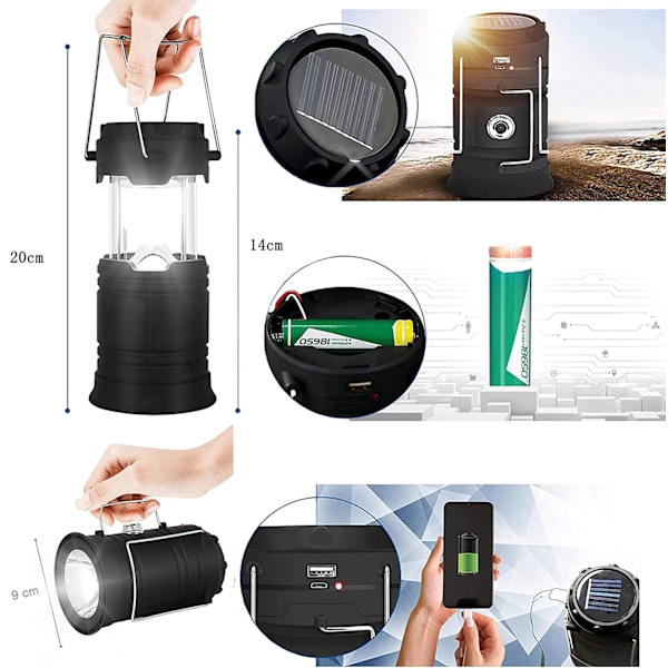 Hopfällbar Bärbar Designlykta, USB-Uppladdningsbar med Batteri med Stor Kapacitet, Ultraljus LED för Camping Vandring Fiske, Nödbatteri