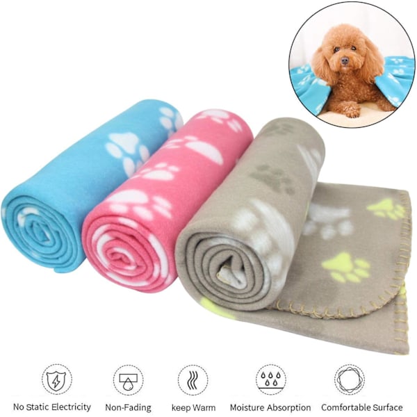 Husdjursfilt för hundar och katter, 3 st Fleece Material Kraftig Vinterfilt med Mjuk Känsla, Söt Tassavtrycksdesign, Lyxig Tupplur, Idealisk för Små