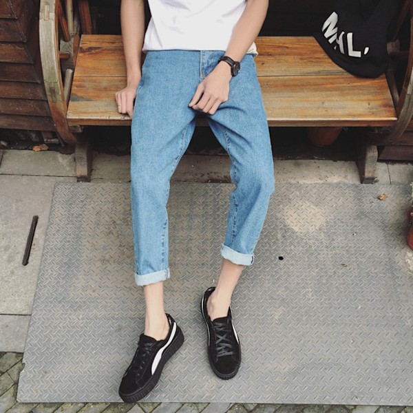 Fashionabla Herrbyxor Åtsittande Stilrena Lediga Enfärgade Byxor Jeans Ljusblå S