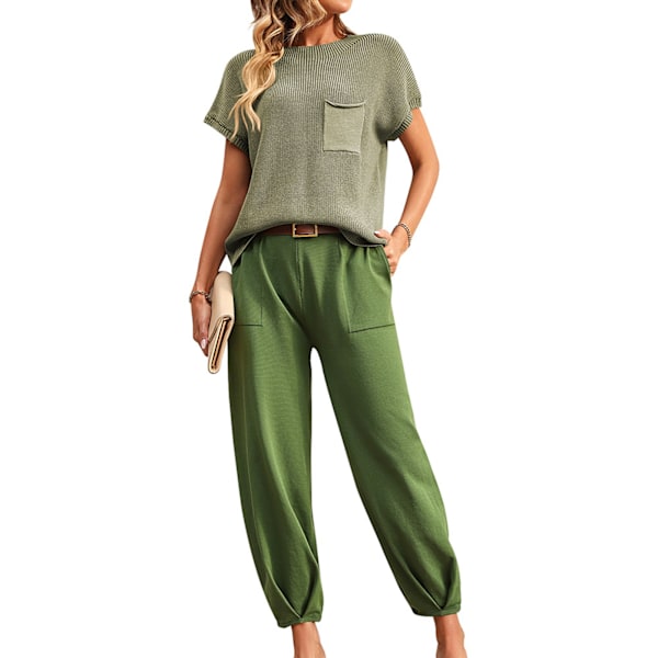 Dam Tvådelade Set Kortärmad Tröja Stickad Pullover Topp Avsmalnande Byxor Lounge Set Grön M
