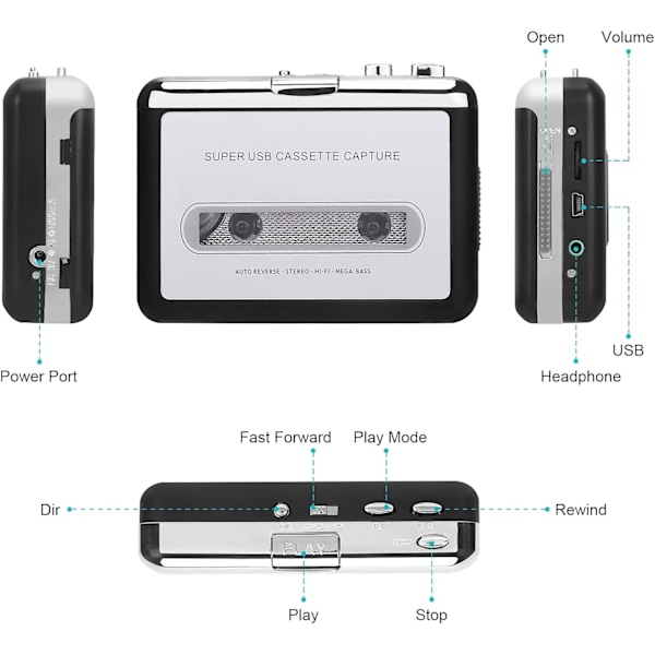 Kassettband till MP3-omvandlare, kassettbandspelare Walkman USB-bandspelare från kassett till MP3, digitala filer för bärbara datorer och Mac-datorer från kassett till MP3 (svart)