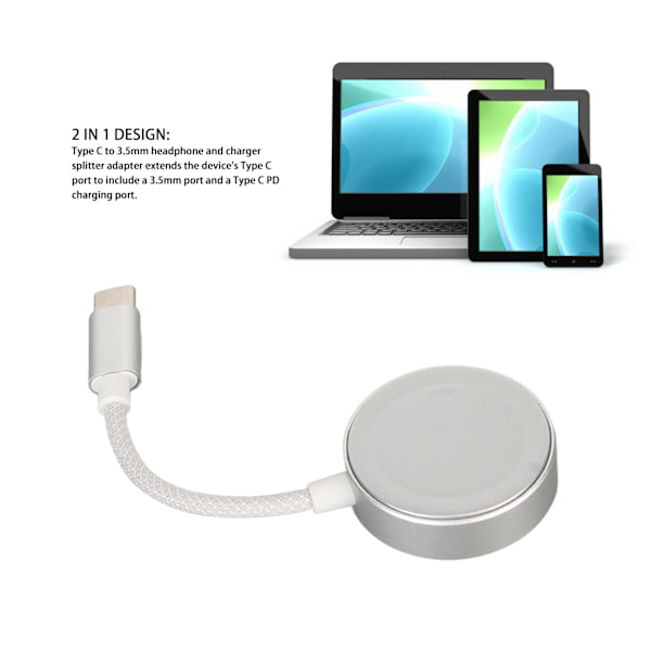2 in 1 Type C - 3,5 mm:n kuuloke- ja laturiadapteri, HiFi-ääni ja PD 60 W:n pikalataus