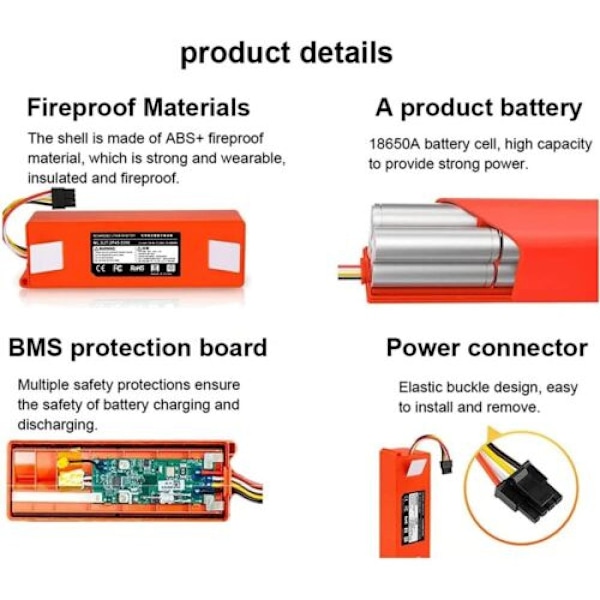 Högkapacitetsbatteri för robotdammsugare, Litiumjonersättning för förlängd rengöringsprestanda, Lämplig för Xiaomi Roborock S50 S51 S55 och
