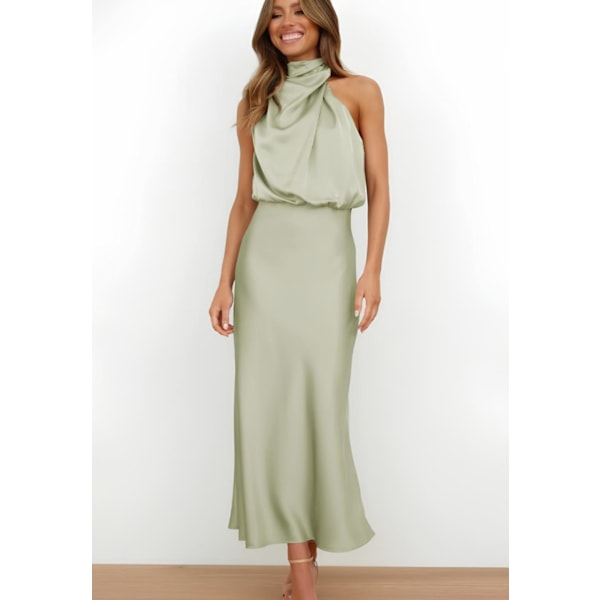 Eleganta ärmlösa halterneck satin bröllop långa aftonklänningar för kvinnor Light Green M