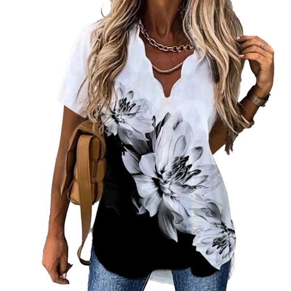 Dam V-ringad Topp Kortärmad Lös Passform Vackert Tryck Casual Sommar T-shirts Svarta Blommor XXL