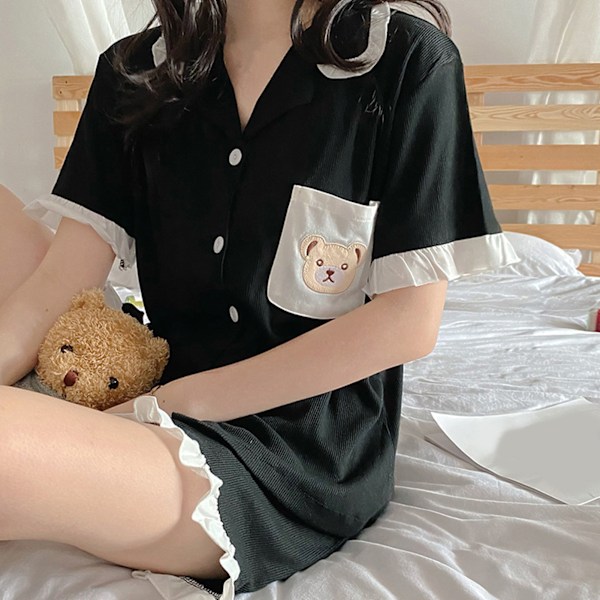 Dam Kortärmad Pyjamas Set Nedvikt Krage Volangdetaljer Tvådelad Topp Shorts Nattkläder Svart M