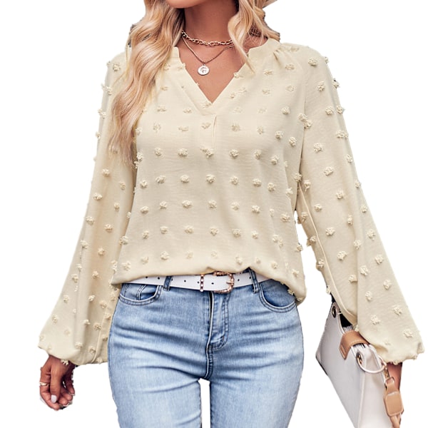 Dam V-ringad T-shirt Axelveck Långärmad Enfärgad Lös Jacquard Blus Aprikos L