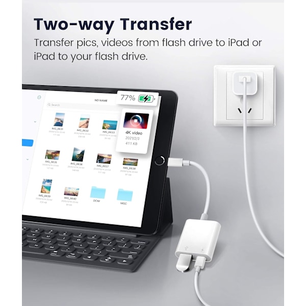 iPhone iPad OTG-adapter, Lightning till USB-omvandlare med Plug and Play & Laddningsport, USB-minne & Kortläsarkompatibilitet Midi
