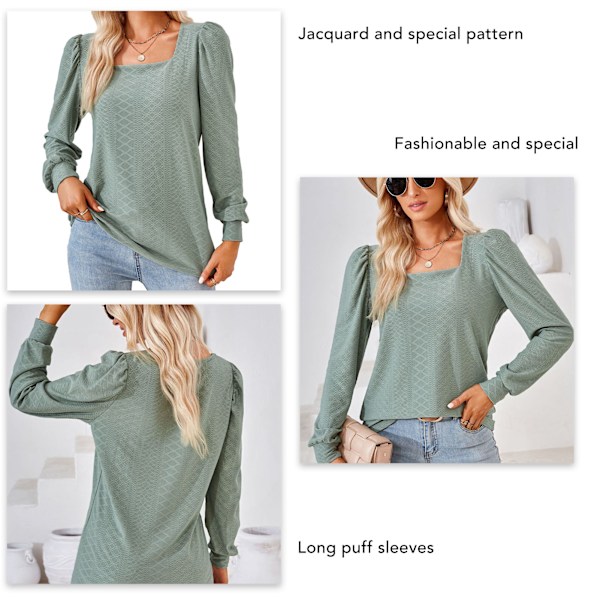 Dam Långärmad Puffärm T-shirt Låg Urringning Enfärgad Lös Passform Jacquard Blus Mörkgrön S