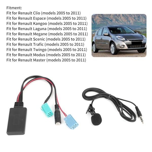 6-polet Bluetooth-lydkabel til bilstereo AUX-IN-adapter med mikrofon, der passer til Clio/Espace/Megane