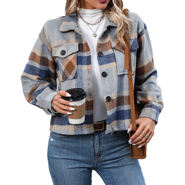 Kort Rutig Jacka Mode Casual Dam Check Kappa Nedvikt Krage Långärmad med Ficka Khaki XXL