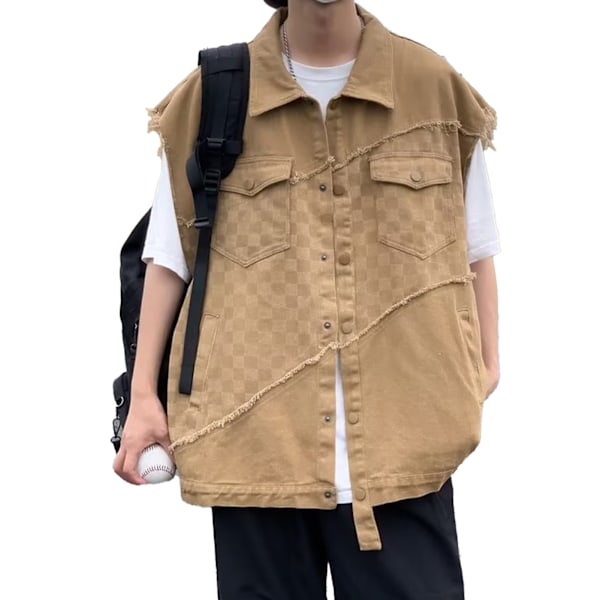 Herrväst Rutig Tryck Sömnad Nedfälld Krage Knappstängning Ledig Stil Väst Kappa Khaki XXL