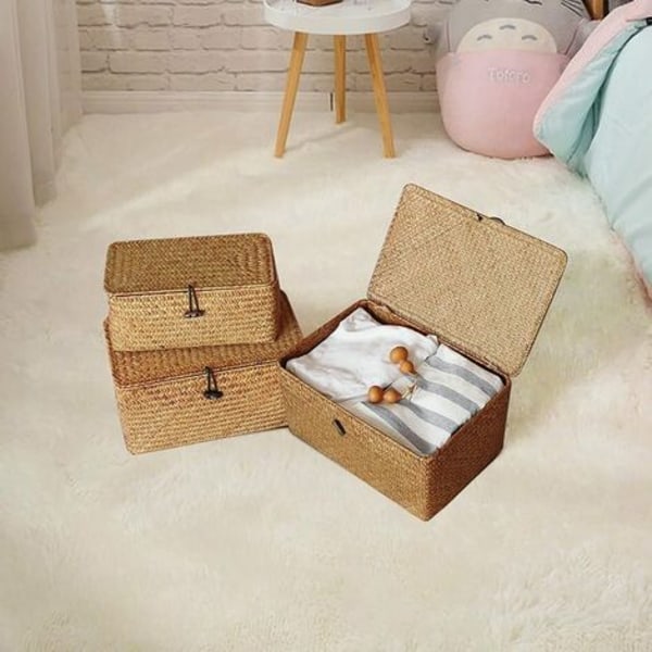 Flätad förvaringskorg i rotting med lock Sjögräs Tvättkorgar Makeup Organizer för badrum, vardagsrum, kök - Finns i 3 designer (S, M, L)