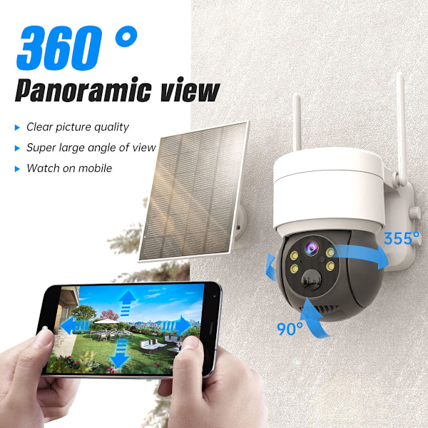 Solcellsdriven WiFi PTZ Utomhusövervakning, 1080P HD Live Video & Färg Night Vision, Rörelsedetektering med Förebyggande av Falska Positiva, Fjärråtkomst