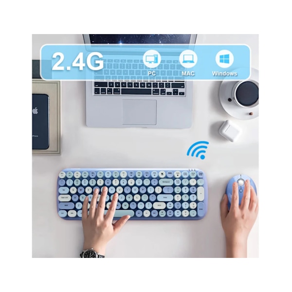 Unikt trådlöst tangentbord och mus-set, inspirerat av retro skrivmaskinsdesign, Plug and Play-installation med 1 USB-kontakt, Ergonomisk tangentplacering,