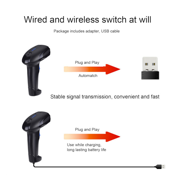 Handhållen streckkodsläsare 2,4 GHz trådlös USB 2.0 trådbunden 1D streckkodsläsare Plug and Play med dubbelt läge för stormarknad