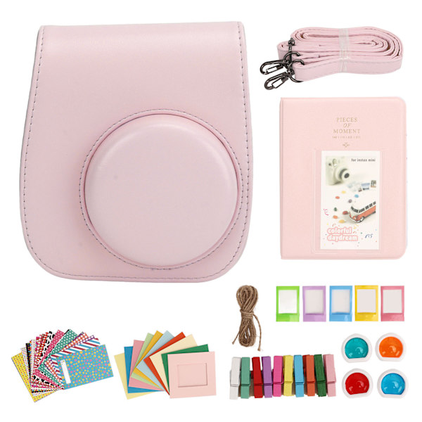 Mini Instant Kamera Beskyttende Veske PU Etui for Fujifilm Instax Mini 12 med Album Filtre Fargerike Hengende Rammer Klistremerker Rosa