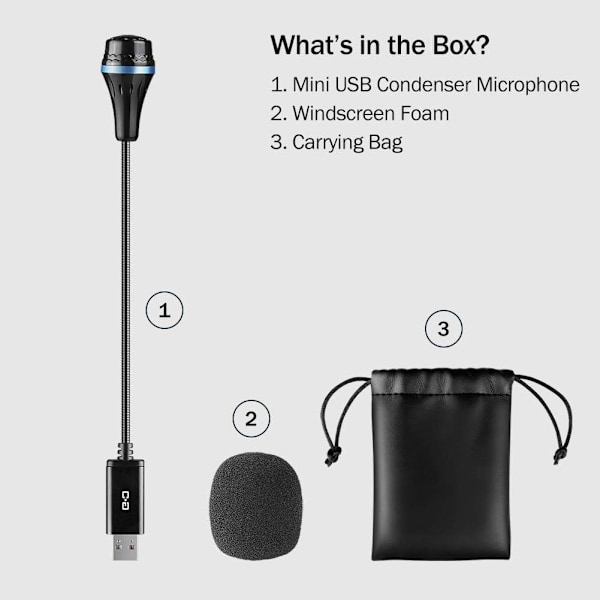 Kompakt Kristallklar Röst Mini USB-Mikrofon för Bärbara och Stationära Datorer, Högupplöst Ljudmikrofon med Inbyggt USB-Ljudkort för