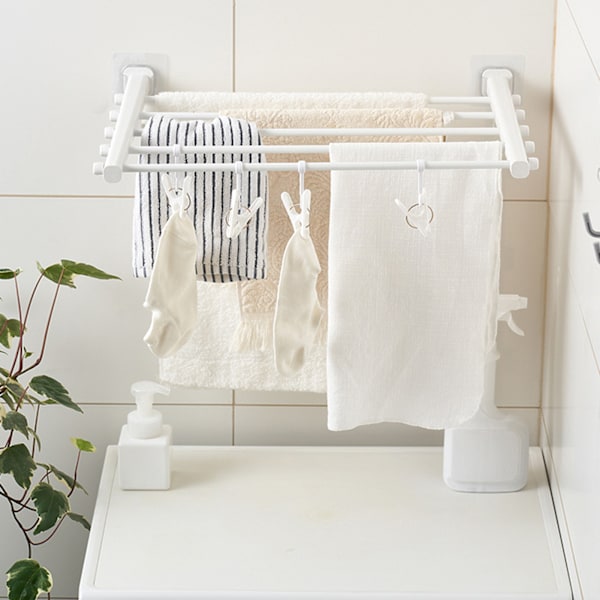 Vægmonteret Tøj tørrestativ Foldbart Teleskopisk Stempel Fri Plastik Vasketøj Stativ til Indendørs Balkon 530mm 4 Clips