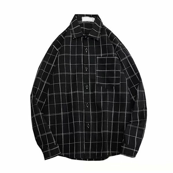 Vintage Herr Pläd Långärmad Enkelknäppt Casual Skjorta Höst Top Grå M