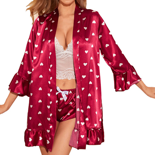 4 st Kvinnor Pyjamas Set Casual Bältesrock Spets Bralette och Shorts Sovkläder Set för Hemma Vinröd Hjärta (Rock + Bälte + BH + Byxor) S