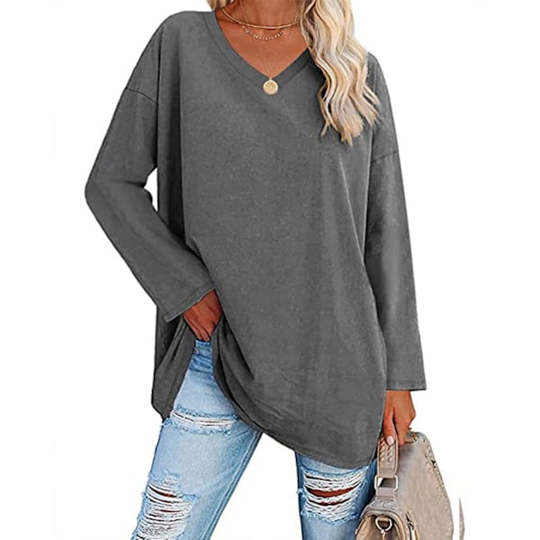Dam Långärmad T-shirt Oversized V-ringad Enfärgad Andningsbar Mjuk för Daglig Användning Mörkgrå M