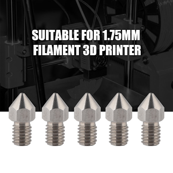 5 st 3D-skrivarmunstycken i rostfritt stål M6 för 1,75 mm filament (1,75/0,2 mm)