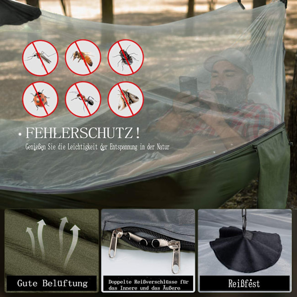 Hängmatta Camping med Regnskydd, Perfekt för Backpacking & Resor, Andningsbar 210T Nylon Spinning Säkerställer Komfort & Skydd, Lätt att Montera &