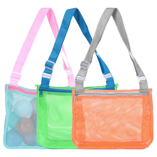 3 stk Strandleketøy Mesh Bag, for å holde skjell, frukt eller leker, justerbare bæreseler og glidelås for gutter og jenter