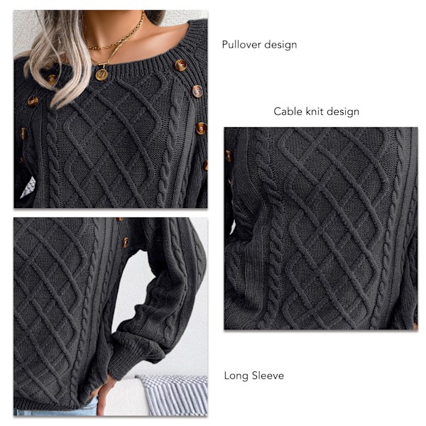 Dam Kabelstickad Tröja Långärmad Rund Hals Lös Pullover Enfärgad Damstickad Tröja för Hemma Resor Utomhus Svart S