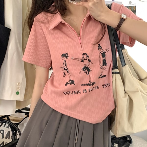 Kortärmad blus med asymmetrisk fåll, nedvikt krage, dragkedja, tryckt kortärmad blus för kvinnor, damer, flickor, rosa L