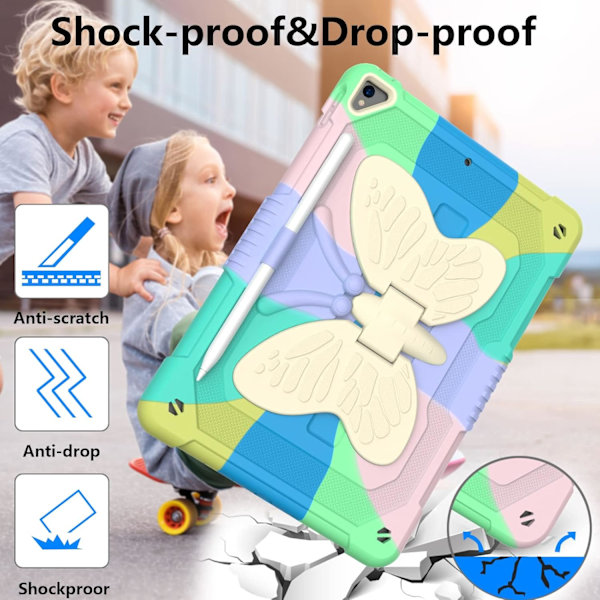 Fodral för iPad 9:e/8:e/7:e generationen med pennhållare, stativ och axelrem, Fjärils iPad 10,2 tum Fodral 2021/2020/2019 iPad Fodral - Färgstarkt