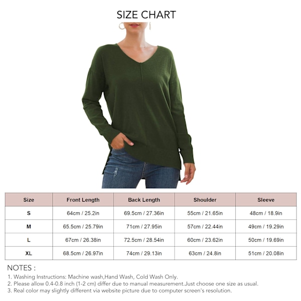 Stickad Tröja Långärmad V-ringad Enfärgad Sidosprund Pullover Casual Toppar för Kvinnor OD Grön S