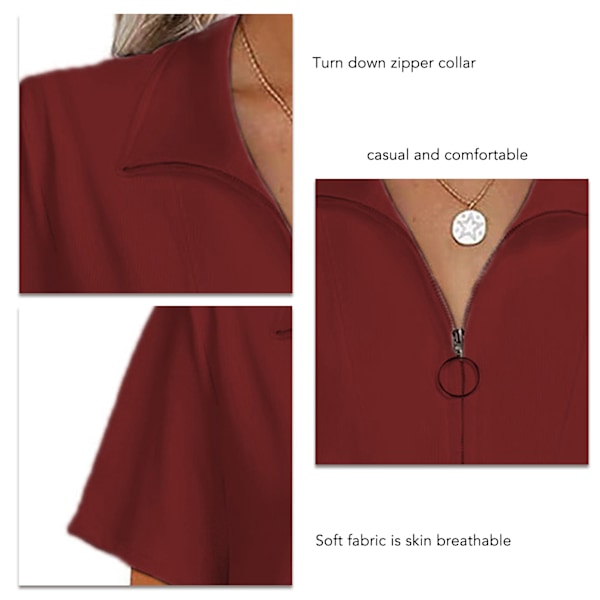 Dam Kvarts Zip Pullover Topp Kort Ärm Nedvikt Krage Enfärgad Lös Passform Sommarskjorta Vinröd M