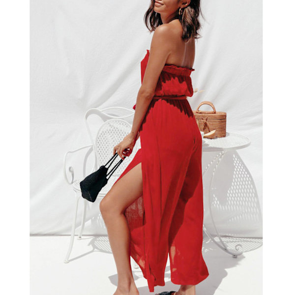 Dam Strapless Toppar Byxor Sommar Mode Elegant Slimmande Elastisk Midja Dam Off Shoulder Toppar Vida Ben Byxor Röd M