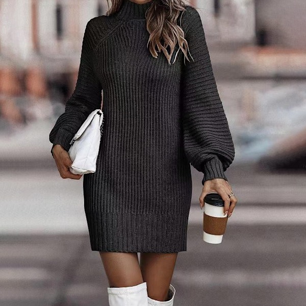 Dam Turtleneck Tröjklänning Långärmad Elastisk Ribbad Mini Bodycon Klänningar (Svart) XL