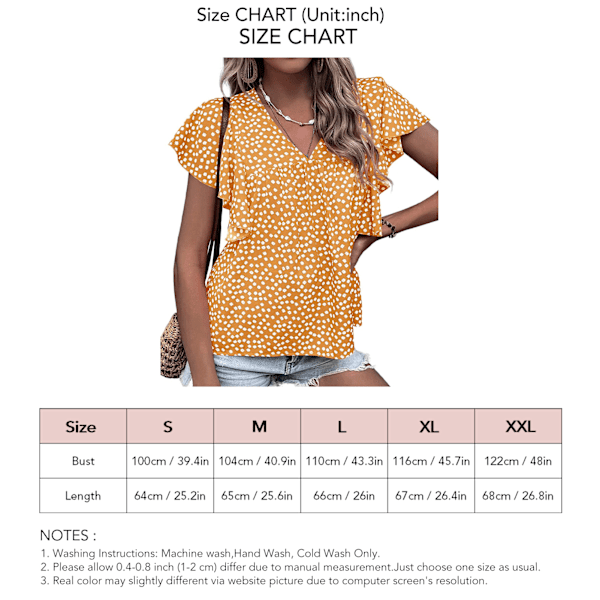 Volang Kortärmad Blus Blommig Tryckt Casual Figursydd V-ringning Volangärm Blus för Kvinnor Sommar Orange S