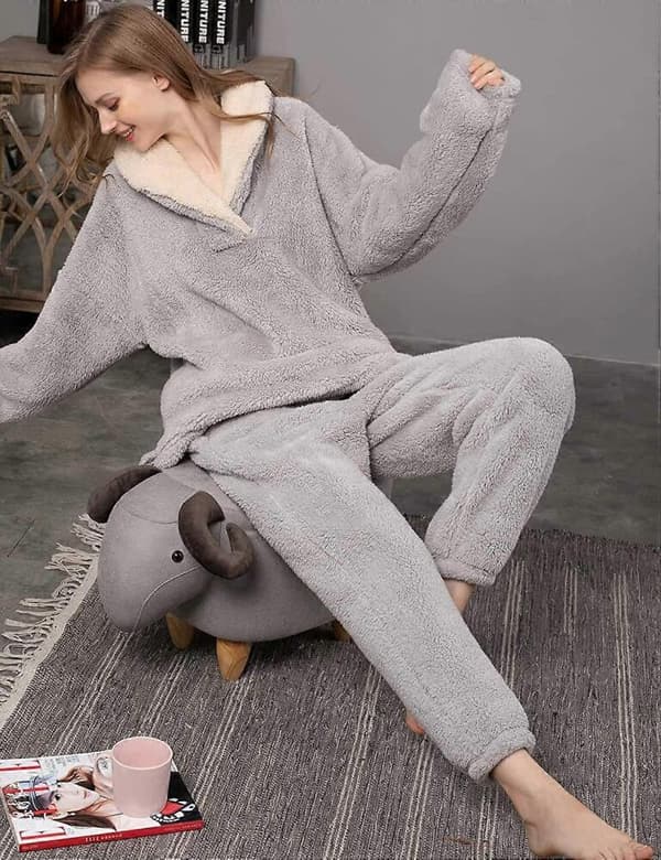 Fleecepyjamas kompatible med kvinder Blødt, behageligt, fluffy pyjamassæt, pulloverbukser, plysvarme tøj kompatible med vintersøvntøj
