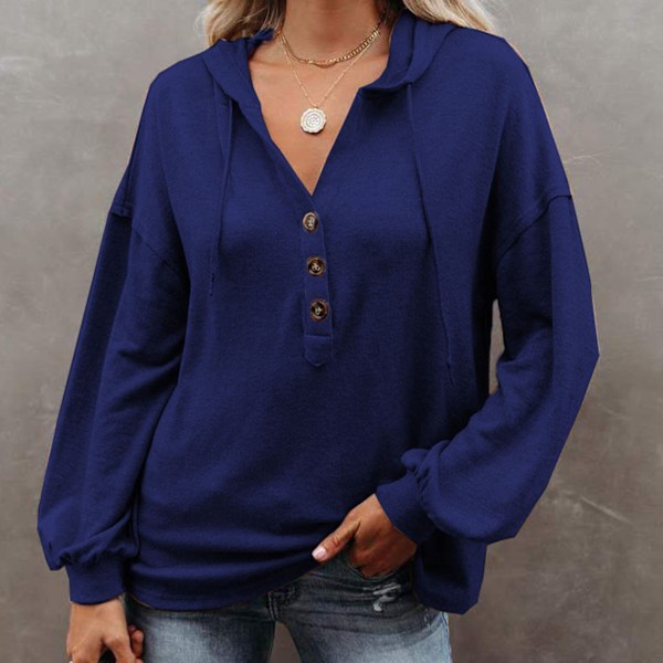 Dam Knapptröja V-ringad Långärmad Pullover Topp Med Dragsko för Kontor Träning Kungsblå XL