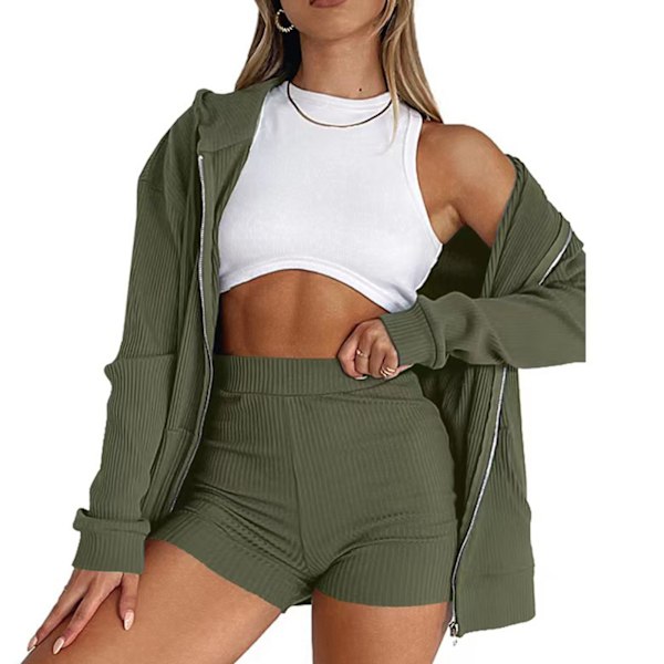 Hoodie med dragkedja och shorts set Långärmad Polyester Andningsbar 2-delad Dam Lounge Set för Jogging OD Grön XXL
