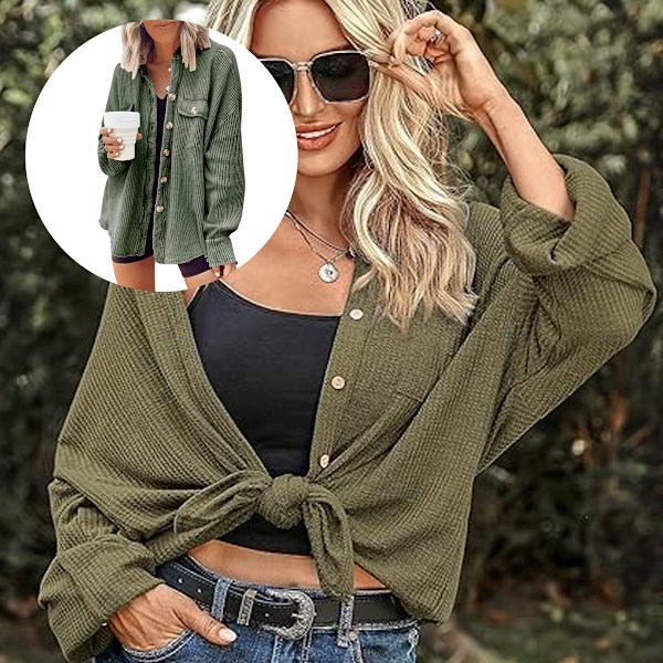 Våffelvåfflad Skjorta med Knappar Oversized Boyfriend Skjortjacka Lös Casual Dam Våffelvåfflad Shacket för Höst Vinter