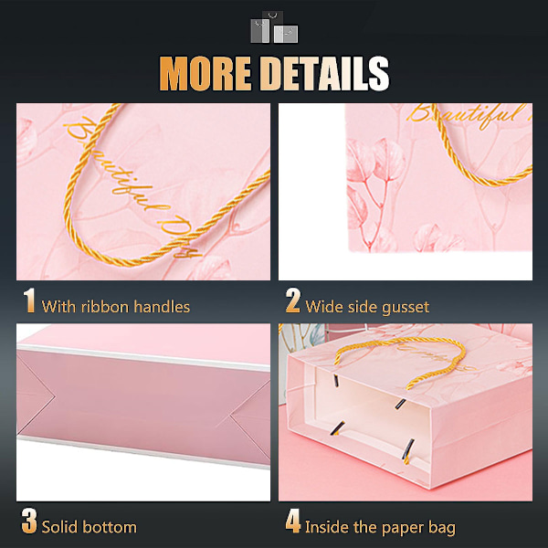 Presentpåsar, Perfekta För Fester Och Evenemang, Rosettbanddesign, Återanvändbara Presentpåsar i Papper För Butiker, Möhippor, Rosa, Set Om 12