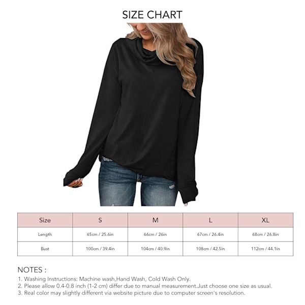 Dam Pullover Tröja Cowl Neck Långärmad Nedhasad Axel Lös Varm Sweatshirt för Vinter Höst Svart L