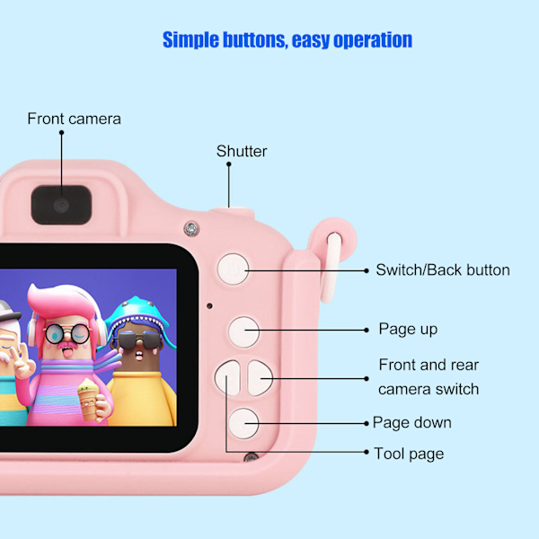 Lasten kamera 2 tuuman IPS HD -näyttö Etu- ja takakamera Peli MP3 Videotallennus Taaperokamera lapsille 3-10-vuotiaille Pinkki